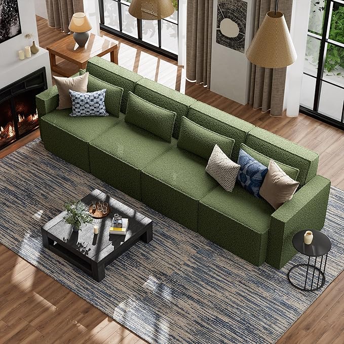 ELUCHANG 120" Modular Sectional Sofa Couch, 4 Seater Large Sectional Couches for Living Room, Modern Boucle Oversized Couch, Comfy Deep Seat Home Sofas Set, Green