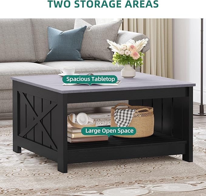 YITAHOME Farmhouse Coffee Table with Storage Rustic Wood Cocktail Table, Square Coffee Tables for Living Meeting Room with Half Open Storage Compartment, Grey and Black