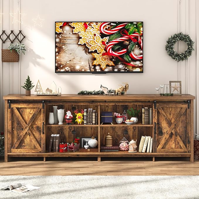 Farmhouse TV Stand for 90 Inch TV with Sliding Barn Door, Rustic Wood Entertainment Center Large Media Console Cabinet Long Television Stands,Console Table and Media Furniture for Living Room(Brown)