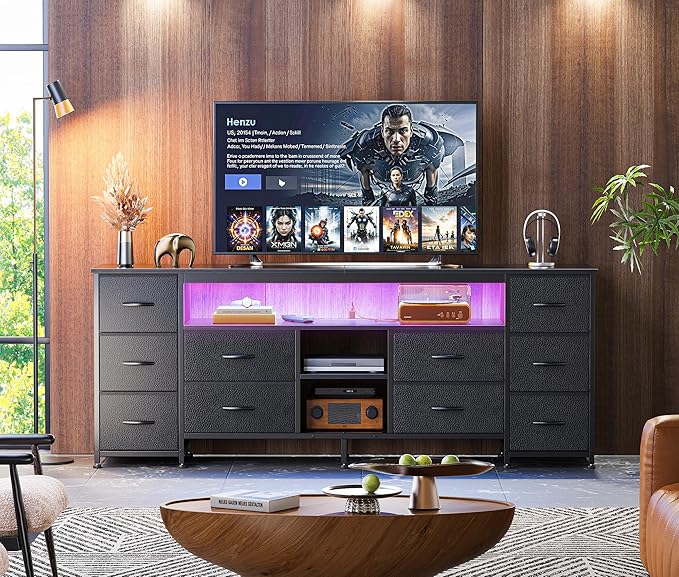 Huuger 62 Inch LED TV Stand Dresser with Power Outlets, USB-C Port and LED Lights, 10 Fabric Drawer Dresser for Bedroom, Long Entertainment Center for 65, 70 Inch TV, Open Shelves, PU Leather, Black