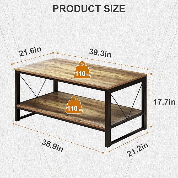 Rectangle Coffee Table Tea Table with Storage Shelf, Farmhouse Wooden Coffe Table for Living Room Table, 40" Rustic Center Table 2-Tier Minimalist Coffee Table Easy Assembly (Natural Wood)