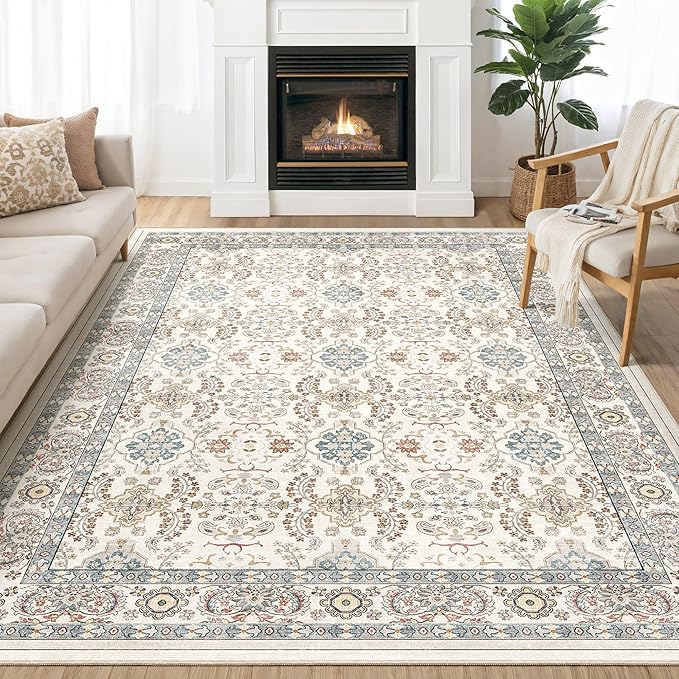 Area Rugs for Living Room: 9x12 Washable Rug Vintage Boho Floral Print - Ultra Thin Stain Resistant Large Soft Non Slip Foldable Carpets for Bedroom Dining Room Office Nursery - Multi