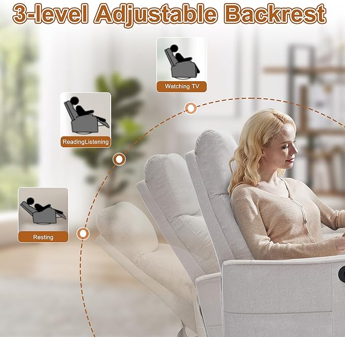 Manual 360° Swivel Rocker Recliner Chair for Adults, Overstuffed Glider Chair for Nursery with Vibration Massage and Heat, Comfy Soft Fabric Glider with Side Pockets for Living Room, Beige