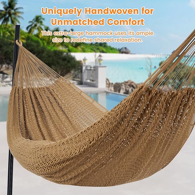 Lazy Daze Hammocks Handwoven Mayan Hammock, 10.5 FT Soft Rope Double Hammocks, Portable Outdoor Hammock with Carry Bag, 2 Straps & carabiners for Patio Outside, 550 lbs Weight Capacity, Tan