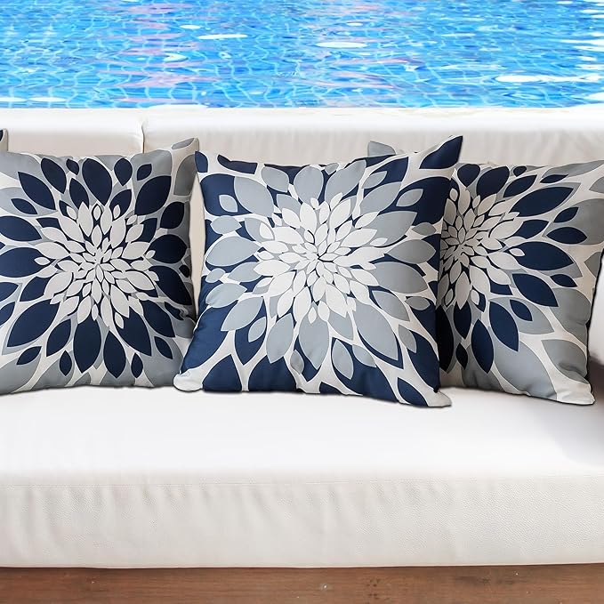 Qahing Pack of 4 Outdoor Waterproof Pillow Covers 24x24 Decorative Outdoor Throw Pillows Garden Square Cushion Cases for Patio Furniture, Couch, Tent Sunbrella, Bench, Navy Blue Grey
