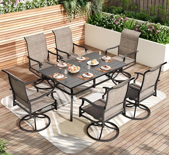 PHI VILLA 7 PCS Patio Dining Set, Outdoor Table & Chairs Set with Large Metal Table & 6 High Back Padded Outdoor Swivel Armerest Chairs, Patio Dining Furniture Set for Patio, Lawn, Garden, Porch
