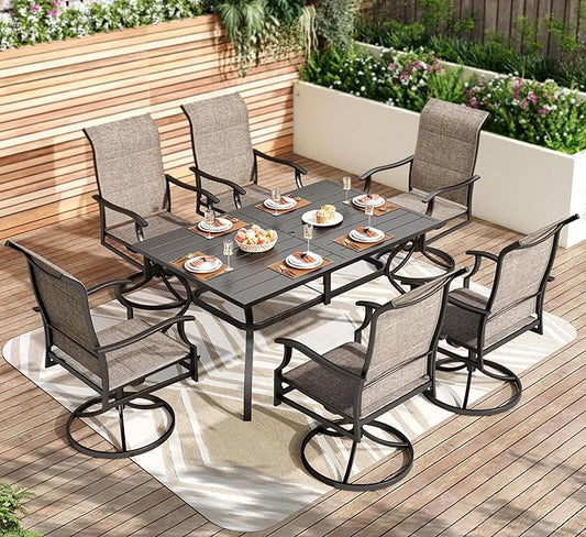 PHI VILLA 7 PCS Patio Dining Set, Outdoor Table & Chairs Set with Large Metal Table & 6 High Back Padded Outdoor Swivel Armerest Chairs, Patio Dining Furniture Set for Patio, Lawn, Garden, Porch