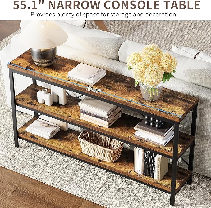 3-Tier Console Table, 55.1" Entryway Table with Metal Frame and Open Shelves, Modern Behind Couch Sofa Table for Living Room, Hallway, Foyer, Entrance, Industrial, Bookshelf, Rustic Brown