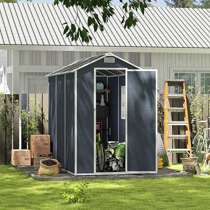8x4 FT Outdoor Storage Resin Shed with Floor, Plastic Garden Tool Shed with Sloped Roof, Lockable Door & Windows, Easy to Assemble Bike Shed for Lawn, Backyard, Patio, Black