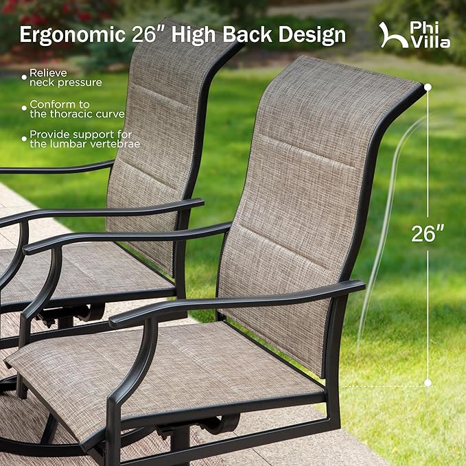 PHI VILLA 7 Piece Outdoor Patio Dining Set with 6 Padded High Back Patio Swivel Chairs & 1 Large 54" Round Dining Table, All Weather Patio Table and Chairs for Lawn Deck Garden