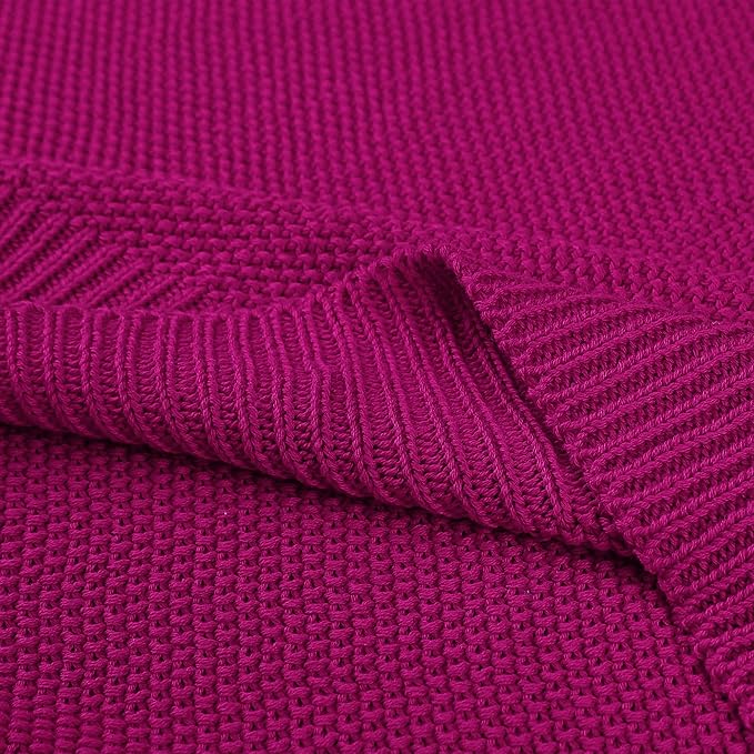 PiccoCasa 100% Cotton Knit Throw Blanket,Solid Lightweight Decorative Throws and Blankets,Soft Knitted Throw Blanket for Sofa Couch, Fuchsia 50" x 60"