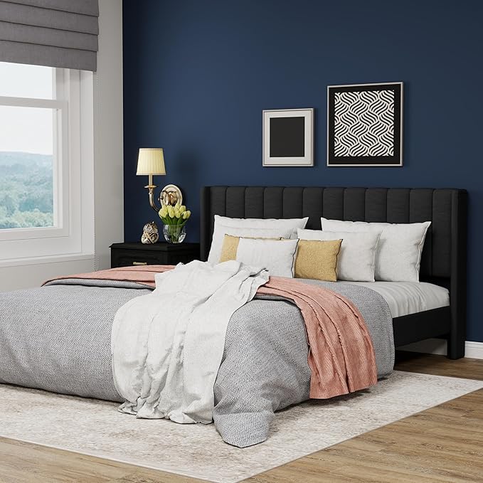Upholstered Platform King Size Bed Frame with Headboard Wooden Slats Support No Noise Easy Assembly Black Linen