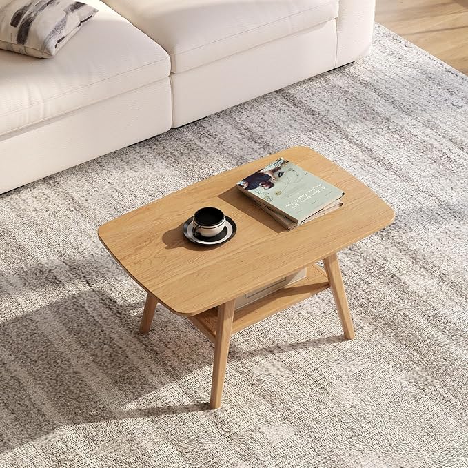 100% Solid Wood Coffee Table for Living Room, 2-Tier Mid Century Modern Small Tables with Shelf Storage, Storage Coffee Table with Rounded Corners (Oak Wood Log Color, 31.5'' L)