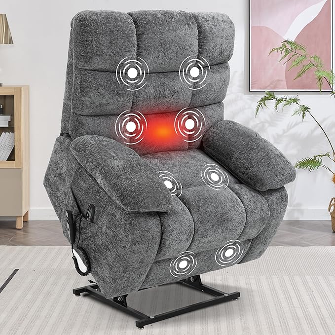 Power Lift Recliner Chair for Elderly People, Lay Flat Recliner with Vibration Massage and Lumbar Heating, Lift Chair with Infinite Position and 2 Remote Controls, Chenille Fabric Gray