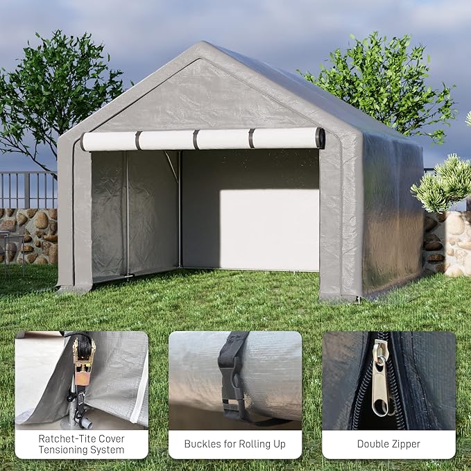Outdoor Storage Shelter, 10x10 ft Portable Shed with Roll up Zipper Door, Waterproof and UV Resistant Anti-Snow, Heavy Duty Carport for Storing Garden Tools, Outdoor Equipment