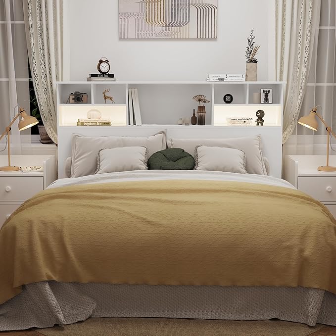 King Size Headboard for Bedroom, Stylish Bookcase Headboard with Built-in Charging Station & 2 LED Lights, Engineered Wood Headboards, Noise-Free HeadBoard King Size with Storage, White