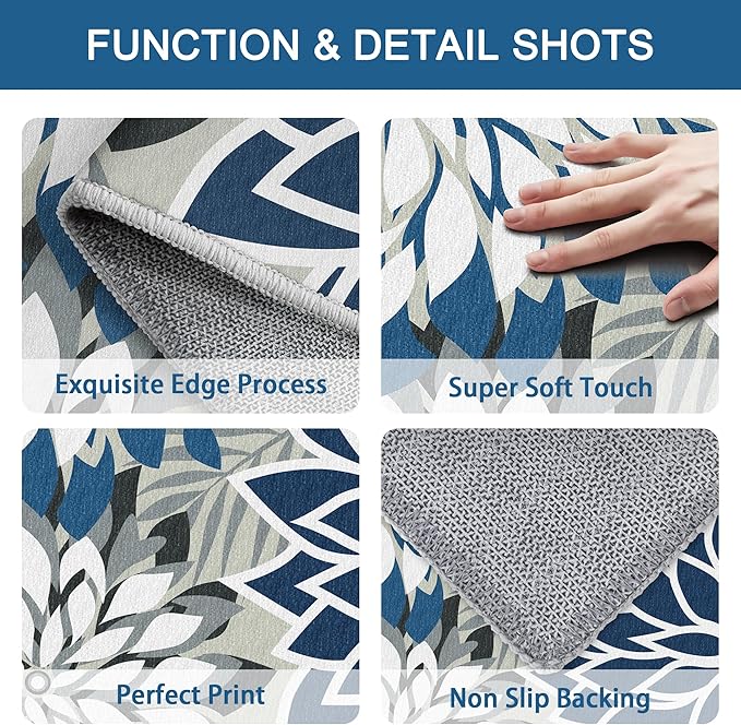 Area Rug 3x5 Blue White Washable Entry Rug Multicolored Tropical Botanical Modern Floral Indoor Kitchen Door Mat Entrance Carpet Non Slip for Bedroom Living Room, Porch