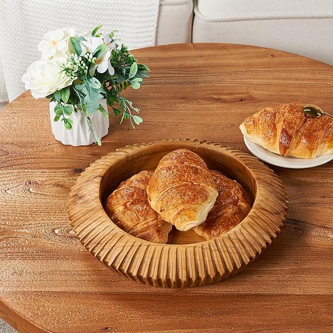 Teak Handcrafted Wooden Bowls Natural Wood Round Utility Bowl 11.8" W Handmade Rustic Serving Platter Fruit Snack Holder for Entry Table Vintage Artworks Dining Room Home Décor