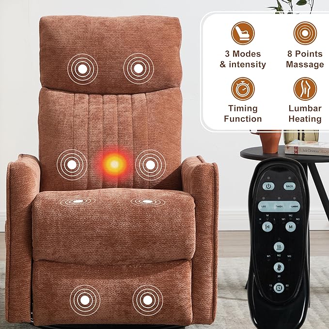 Manual Swivel Rocker Recliner Chair for Adults, Overstuffed Recliner Glider with Massage and Heat, Living Room Reclining Chair, Fabric Orange