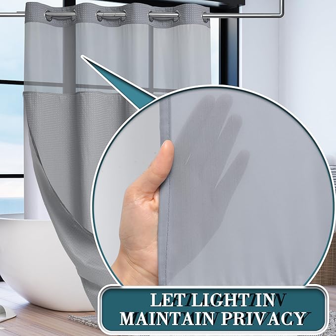 Conbo Mio Stall No Hook Waffle Weave Shower Curtain with Snap in Liner Set, Hotel Luxury Grey Shower Curtains for Bathroom with See Through Top Window, Waterproof, Washable 54W x 74H