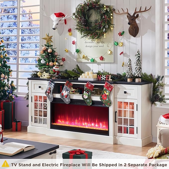 Farmhouse Fireplace TV Stand for 80 Inch TV, Entertainment Center w/ 36'' Electric Fireplace & LED Lights, Mordern Media Console with Storage Drawers & Cabinets for Living Room, White