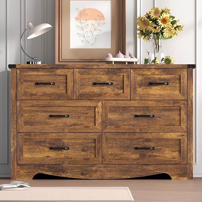 7-Drawer Dresser for Bedroom – 47" Wide Modern Wooden Chest with Natural Wood Texture, TV Stand & Storage, Metal Corner Brackets, Wood Drawer Organizer for Living Room, Hallway