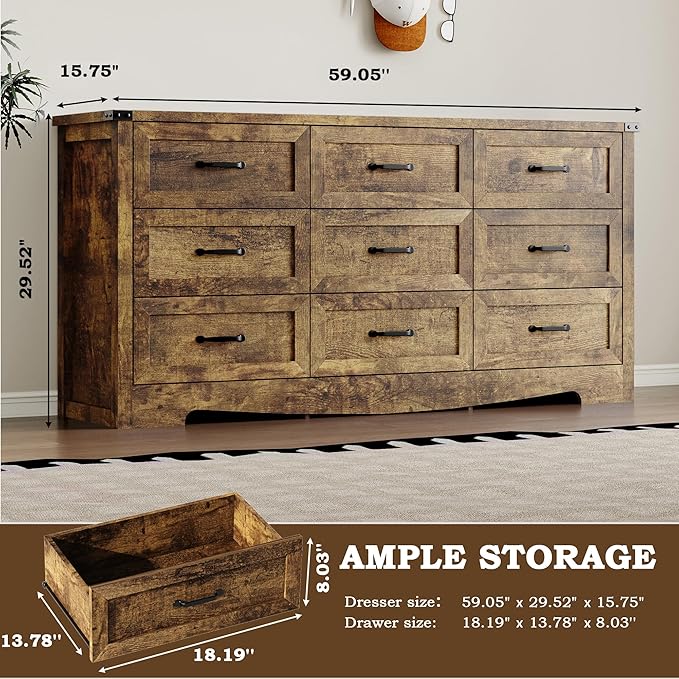 9-Drawer Dresser for Bedroom, Modern Wooden Chest of Drawers with Metal Handles, Anti-Tipping Design, Sturdy and Stable Storage Organizer for Living Room, Entryway, Home Office