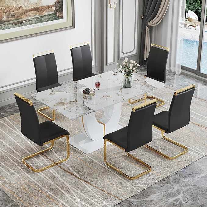 Dining Table Set for 6, Kitchen Table Chairs Set of 6, Modern Dining Room Set 71'' Faux Marble Dinner Table PU Leather Upholstered Chairs for Kitchen (Black-Golden, 71” White Table Set)