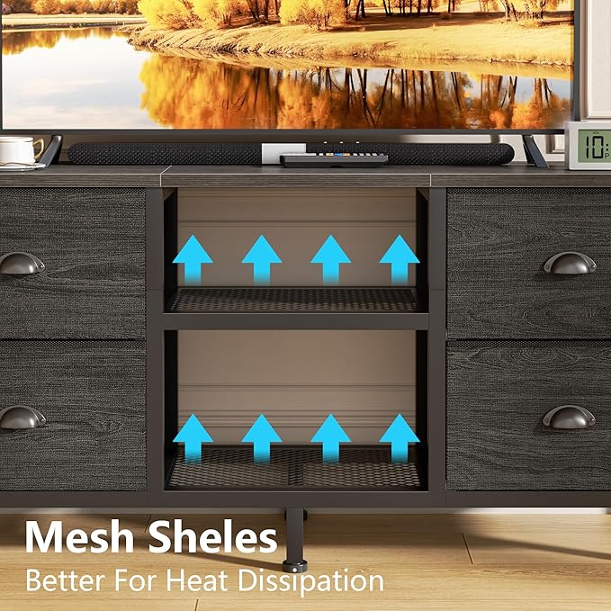 Furologee TV Stand with 4 Drawers, 43 inch Entertainment Center with Open Shelves, Media Center for 50" TV, Television Stand for Bedroom, Living Room/Light Black Oak