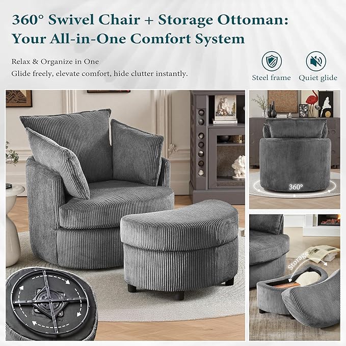Swivel Accent Chair with Ottoman Comfy Reading Chairs for Bedroom Modern Corduroy Arm Chair 360°Swivel Barrel Chairs for Living Room,Apartment (Dark Grey, 2)