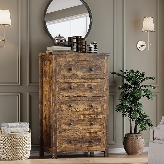 Tall 5-Drawer Dresser, Modern Wooden Storage Chest of Drawers, Dresser TV Stand, Wood Drawer Organizer with Metal Handles for Bedroom, Living Room, Hallway