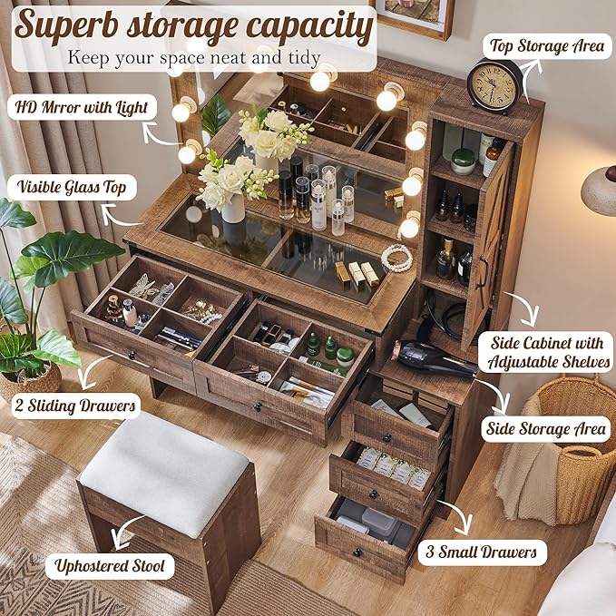 Farmhouse Vanity Desk with Mirror and Lights, 43" Wide Makeup Vanity with Glass Tabletop and Charging Station, Modern Vanity Table Set with Storage and Stool for Bedroom, Light Brown