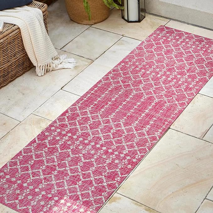 JONATHAN Y SMB108Q-28 Ourika Moroccan Geometric Textured Weave Indoor Outdoor Runner Rug, Bohemian, Rustic, Scandinavian Easy Clean,Bedroom,Kitchen,Backyard,Patio, Non-Shed, Fuchsia/Light Gray, 2 X 8