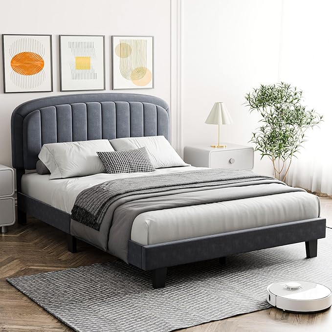 Cozy Castle Full Size Bed Frame, Upholstered Platform Bed with Velvet Adjustable Curved Headboard, Mattress Foundation with Strong Wooden Slats, No Box Spring Needed, Easy Assembly, Gray