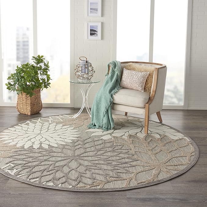 Nourison Aloha Indoor/Outdoor Area Rug 7’10”, Natural, Round Tropical Botanical Easy -Cleaning Non Shedding Bed Room Living Room Dining Room Deck Backyard Patio