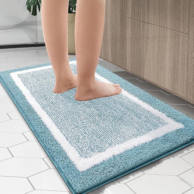 OLANLY Bathroom Rugs 30x20, Extra Soft and Absorbent Microfiber Bath Mat, Non-Slip, Machine Washable, Quick Dry Shaggy Bath Carpet, Suitable for Bathroom Floor, Tub, Shower (Medium, Light Blue)