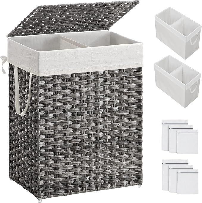 SONGMICS Laundry Hamper with Lid, 90L Clothes Hamper with 2 Removable Liner Bags, 6 Mesh Bags, Wicker Laundry Basket, Double Laundry Hamper for Bathroom, 13 x 18.1 x 23.6 Inches, Gray ULCB251G01V1