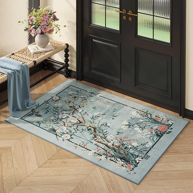 Door Mat Indoor Entrance 2x3 Rug Chinoiserie-Style Floral Vintage Machine Washable Small Area Rug Non-Slip Low Pile Throw Rugs for Entryway, Kitchen, Front Door, Entry, Kids Room, Blue