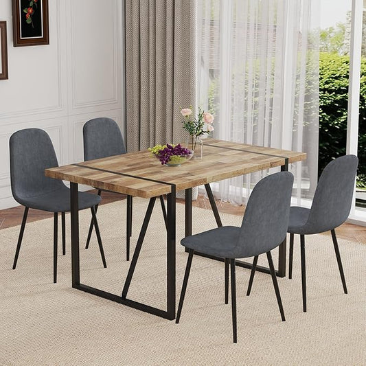 Dining Table Set for 4，Dinner Table Set for 4，55'' Kitchen Table and PU Leather Chairs Set of 4, 5 Piece Dining Table Set for Kitchen Dining Room