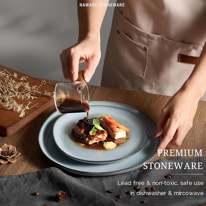 HaWare Plates and Bowls Set, Stoneware Dinnerware Sets, 18-Piece Hand-painted Dishware for 6, Ceramic Dinner Set for Home Kitchen, Scratch Resistant, Microwave and Dishwasher Safe, Reactive Foggy Blue