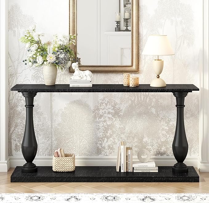 63 Inch Console Table with 2 Vase-Leg, Vintage Wood Grain Sofa Table Behind Couch, Narrow Entryway Accent Table for Living Room, Entrance, Hallway, Foyer, Bedroom, Apartments, Black