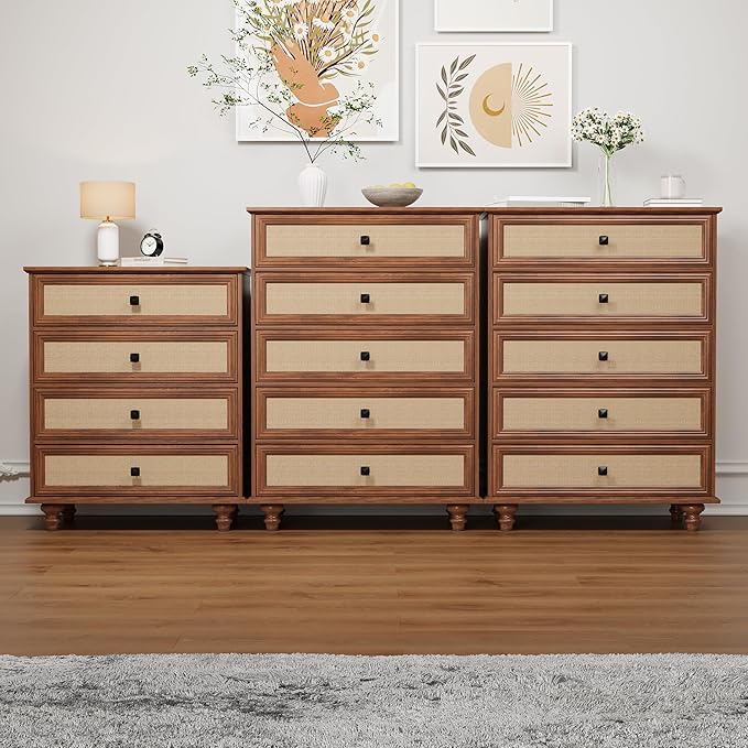 ORRD 10 Drawer Dresser for Bedroom, Mid Century Modern Wide Wood Rustic Chest of Drawers Wooden Storage Organizer Dressers with Rattan Burlap Drawers for Living Room, Hallway Closet, Entryway, Walnut