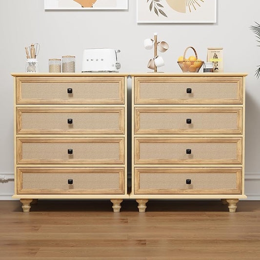 ORRD 8 Drawer Dresser for Bedroom, Mid Century Modern Wide Wood Rustic Chest of Drawers Wooden Storage Organizer Dressers with Burlap Rattan Drawers for Living Room, Hallway Closet, Entryway, Natural