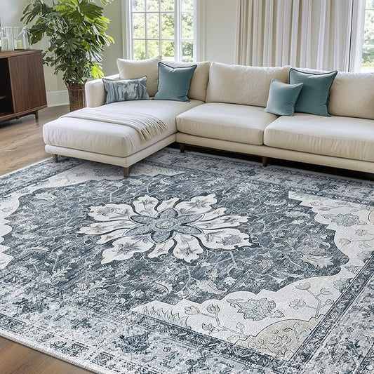 Area Rugs 8'x10' Washable Non-Slip, Floral Vintage Distress Print Pattern Medallion Carpet for Living Room Bedroom Dining Room, Light Gray Grey White