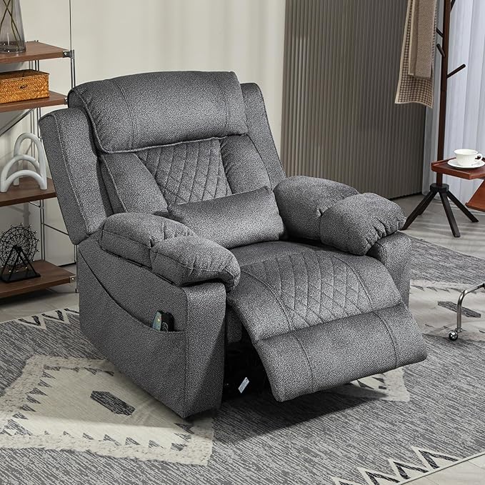 Big Man Power Lift Recliner for Elderly Adults 28 Inch Wide Seat, Lay Flat Lift Chair with Heat Massage, Flip Arm Storage Cup Holders, USB Type C Charging (Grey Chenille)