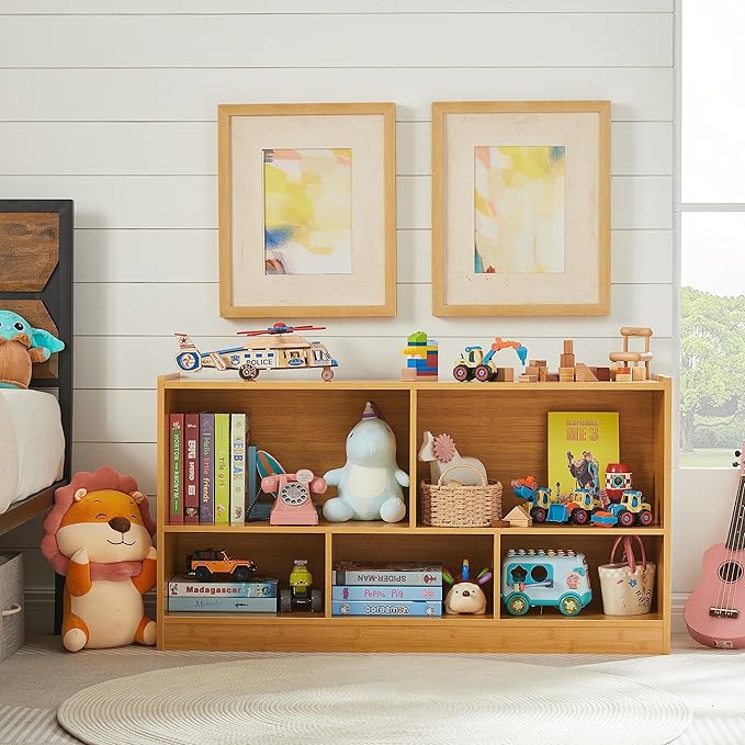 Toy Organizers and Storage, 5-Section Kids Bookshelf for Organizing Books Toys, School Classroom Wooden Storage Cabinet for Children's Room, Playroom, Nursery (Natural)