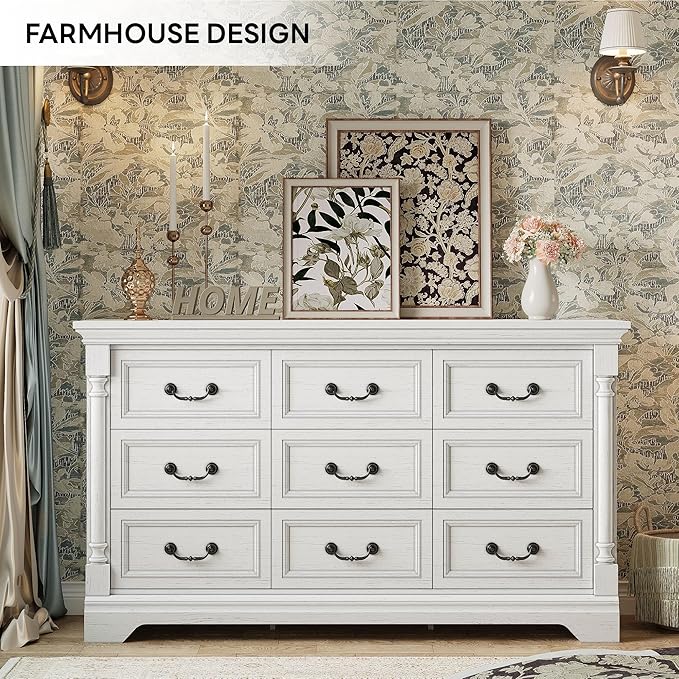 LIKIMIO Farmhouse Dresser for Bedroom with 9 Drawers, 58" Wide Wood Chest of Drawers with Roman Column, Dresser TV Stand for 65", Closet Storage Dressers Organizer for Bedroom, Living Room, Hallway