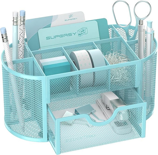 SUPEASY Mesh Desk Organizer, Desk Accessories & Workspace Organizers with Drawers, Pencil Holder for Desk with 9 Compartments for Office Suppliess, 8.6 x 4.3 x 4.1 Inch, Blue