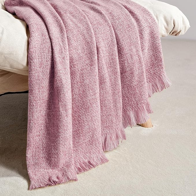 BOURINA Faux Cashmere Fringe Throw Blanket Decorative Lightweight Throw Soft Cozy for Bed or Sofa Outdoor Blanket, 50x70 Inches Rose Wine