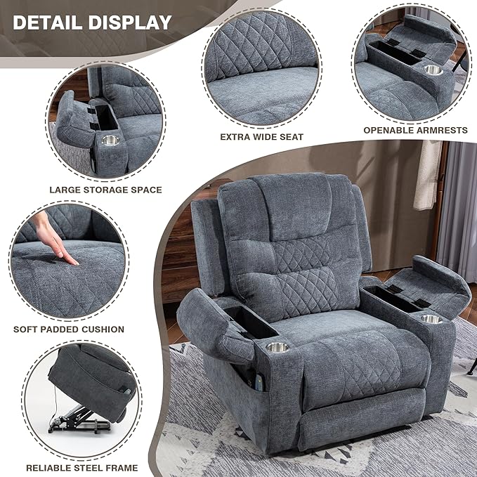 Infinite Position Lay Flat Lift Chairs Recliners for Elderly, Oversized Power Lift Heavy Duty Wide Recliner Chair 400lb, Extended Foot Rest, Armrest Storage, Cup Holders for Big Tall Man